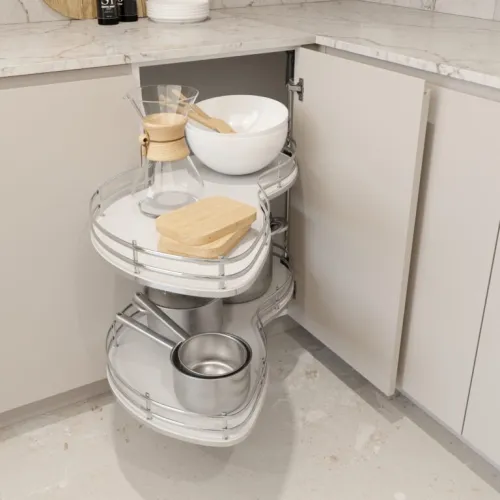 Slepý roh Wireli, 450 ľavý, 2x polica Elegance biele dno/reling chróm