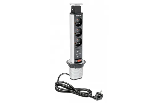 El. zásuvka výsuvná 60mm 3x230+2xUSB strieborná